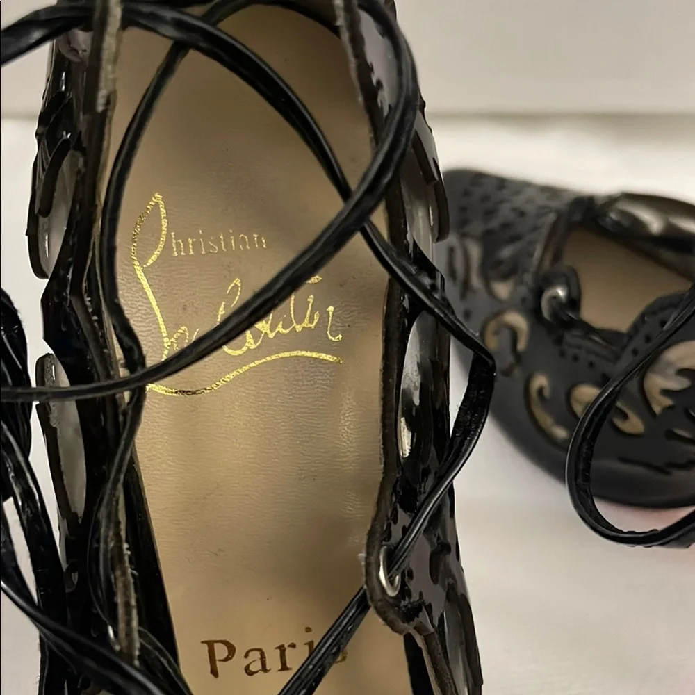 Christian Louboutin Black Patent Lace-Up Laser-Cut Pointed-Toe Pumps